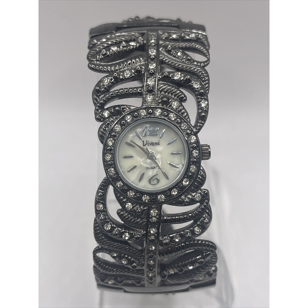 Vivani MOP Dial Silver Tone Hinge Bangle Bracelet Band Watch- New‎ Battery